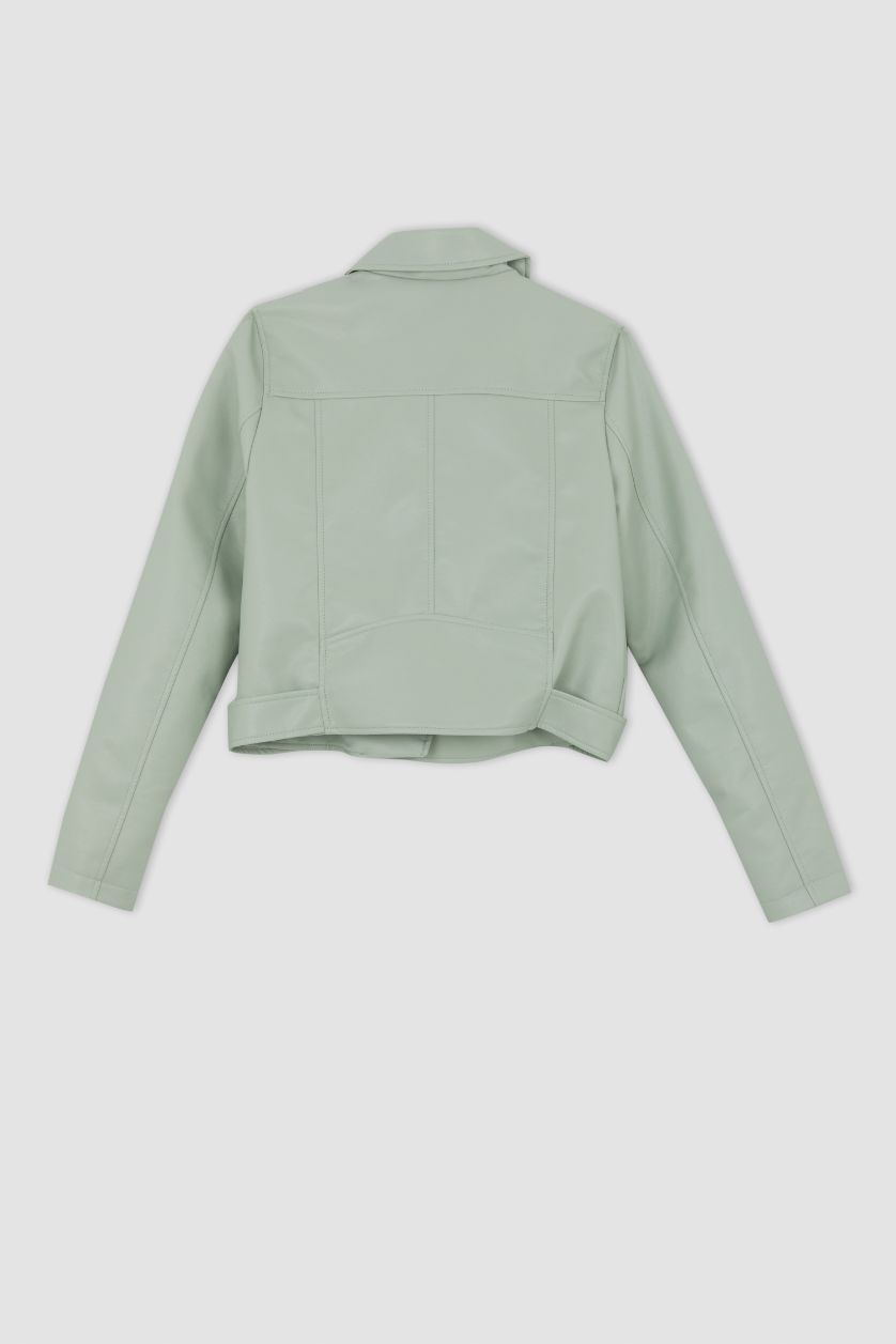 Kadın Deniz Mavisi 	Su İtici Kruvaze Yaka Fermuarlı Kapamalı Cepli Apoletli Mevsimlik Suni Deri Kemerli Crop Biker Ceket