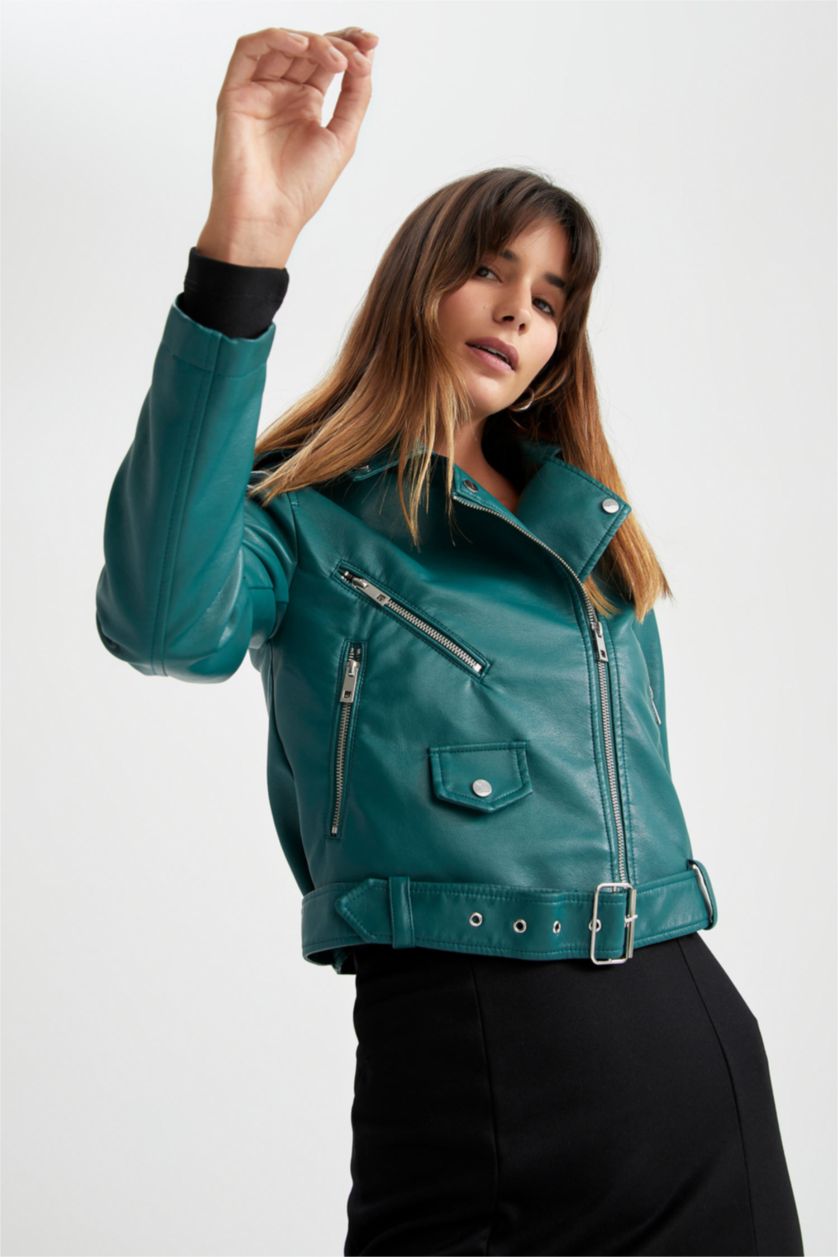 Woman Mint Faux Leather Jacket
