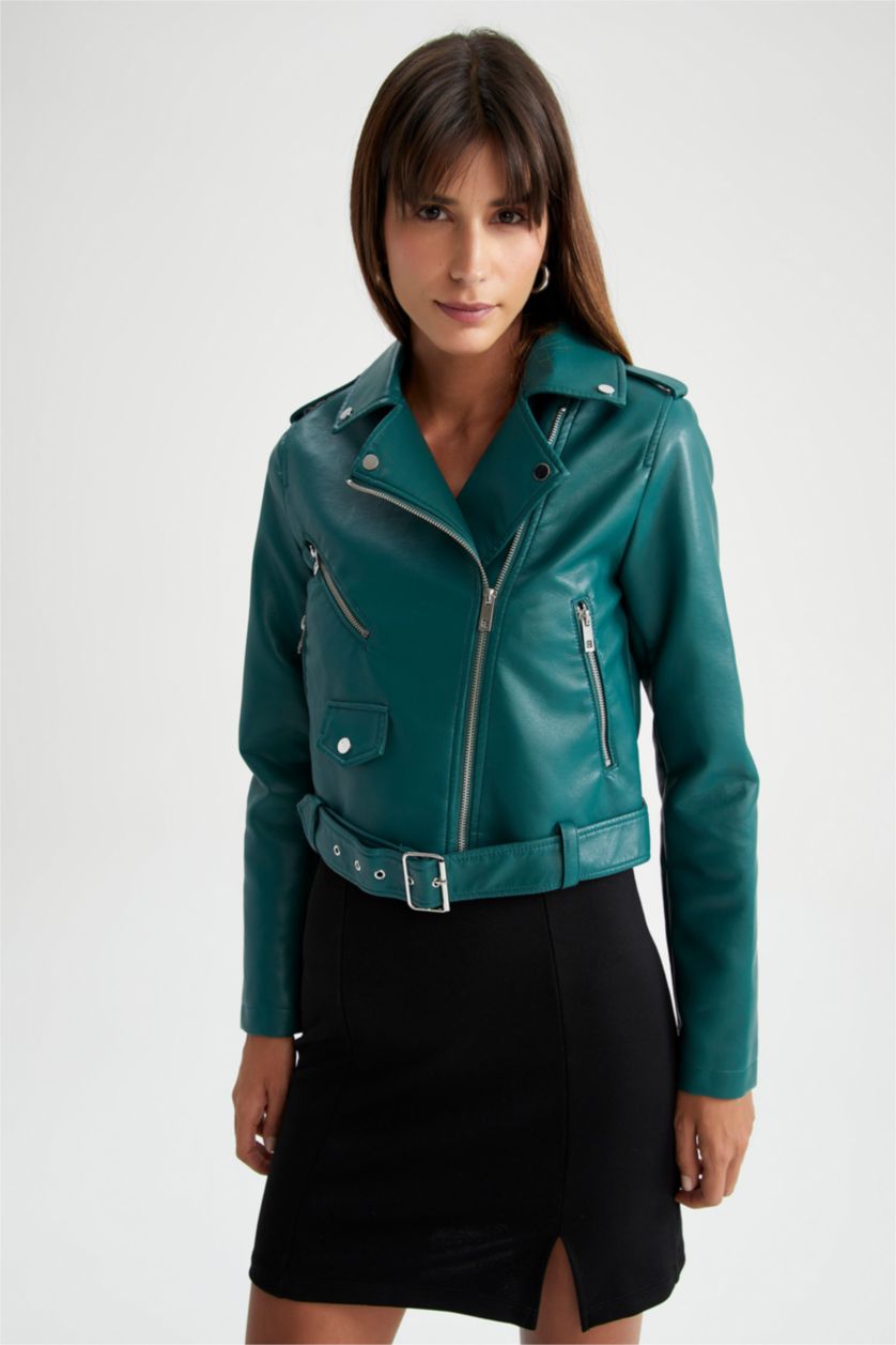 Woman Mint Faux Leather Jacket