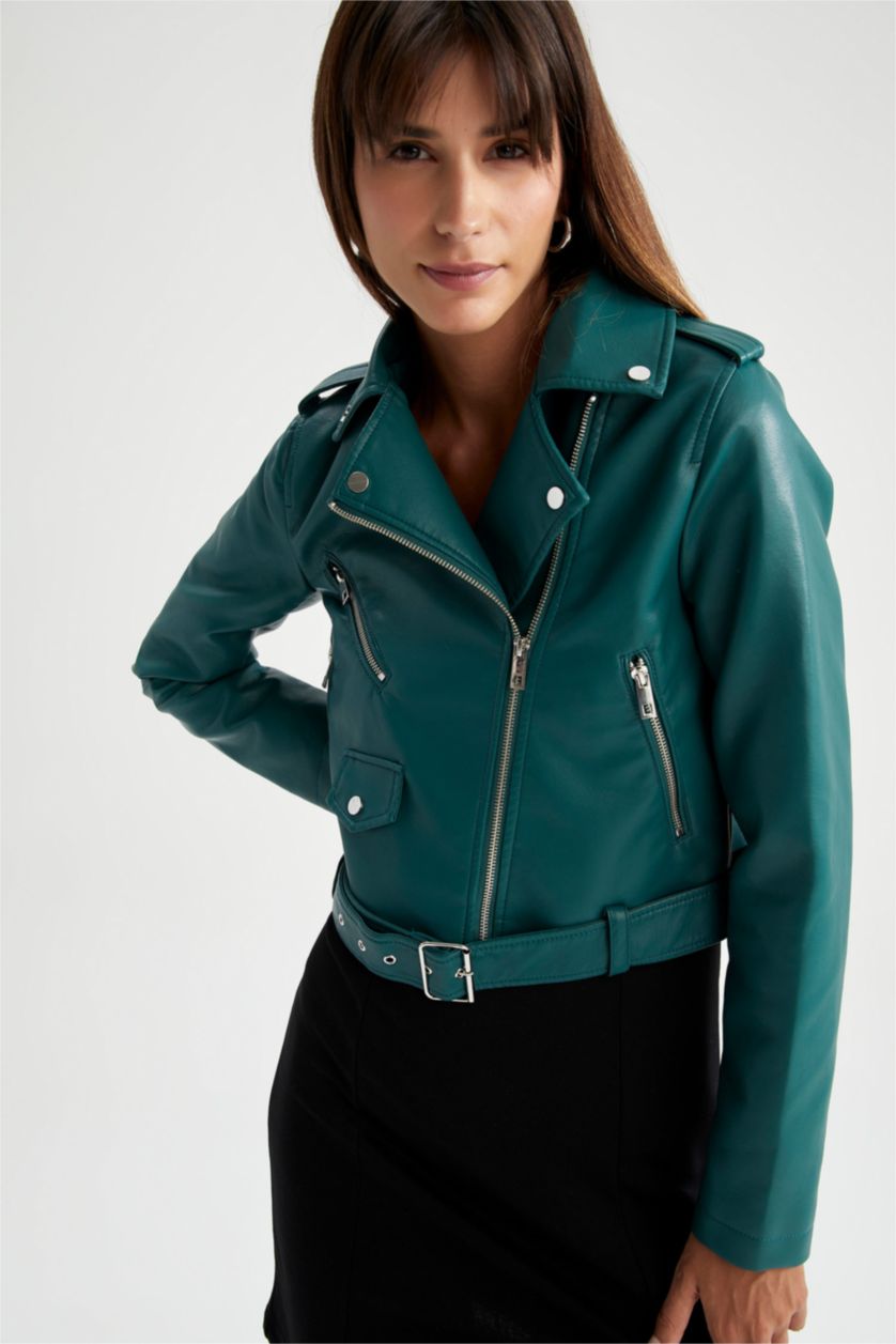 Woman Mint Faux Leather Jacket