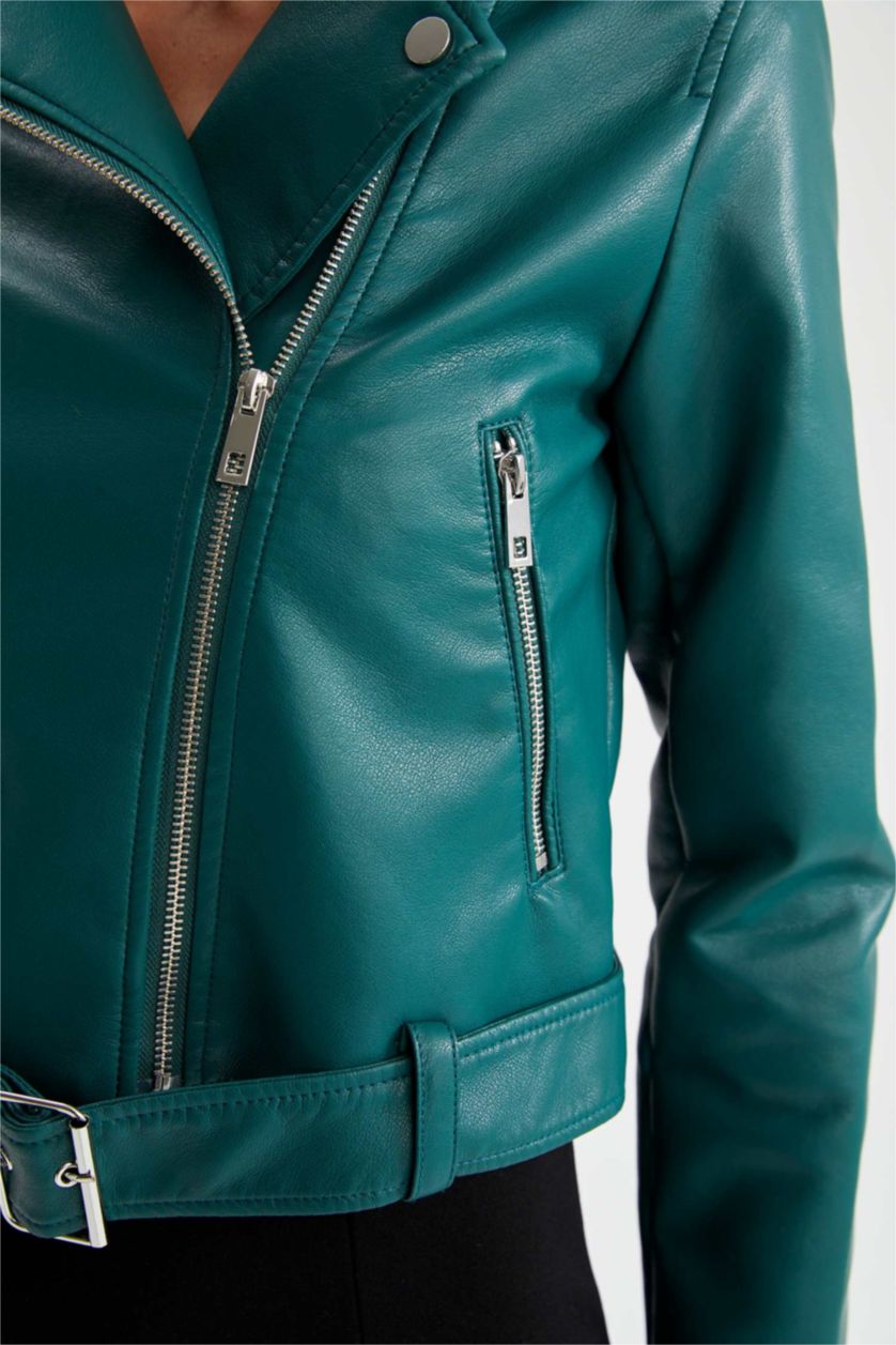 Woman Mint Faux Leather Jacket