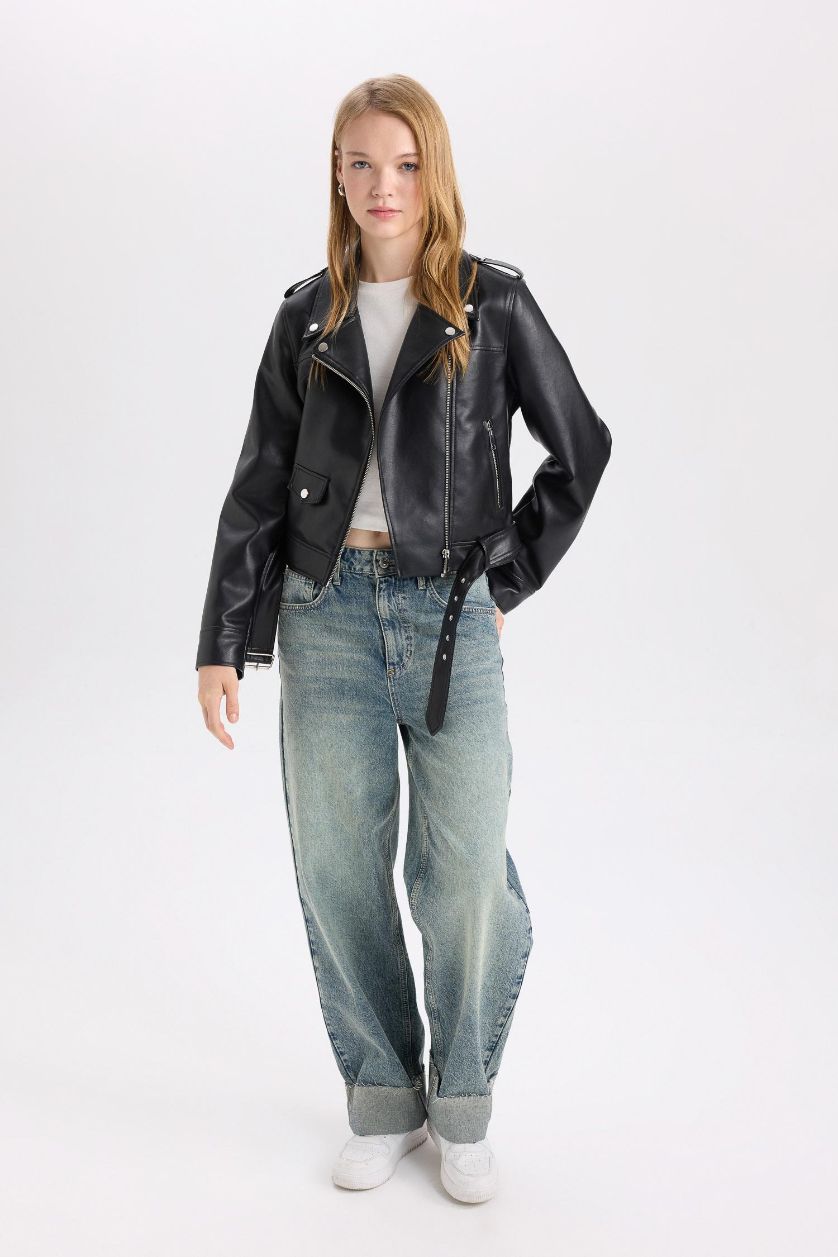 Kadın Siyah Su Geçirmez Crop Biker Ceket Suni Deri Kruvaze Yaka Fermuarlı Cepli Kemerli Mevsimlik
