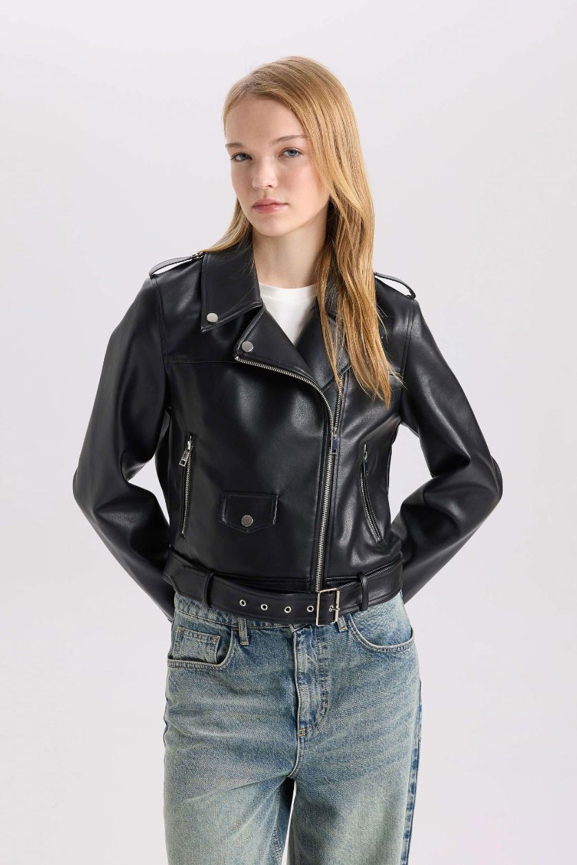 Kadın Siyah Su Geçirmez Crop Biker Ceket Suni Deri Kruvaze Yaka Fermuarlı Cepli Kemerli Mevsimlik