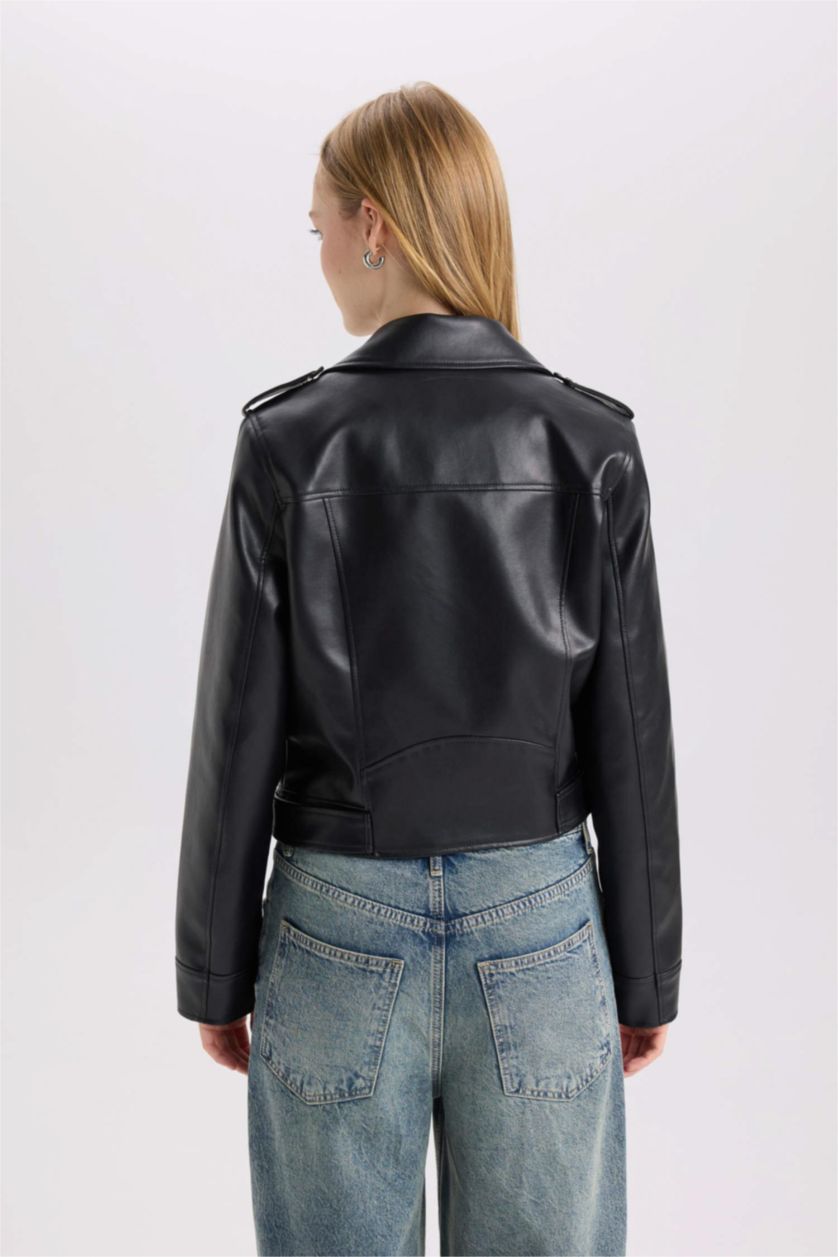 Kadın Siyah Su Geçirmez Crop Biker Ceket Suni Deri Kruvaze Yaka Fermuarlı Cepli Kemerli Mevsimlik