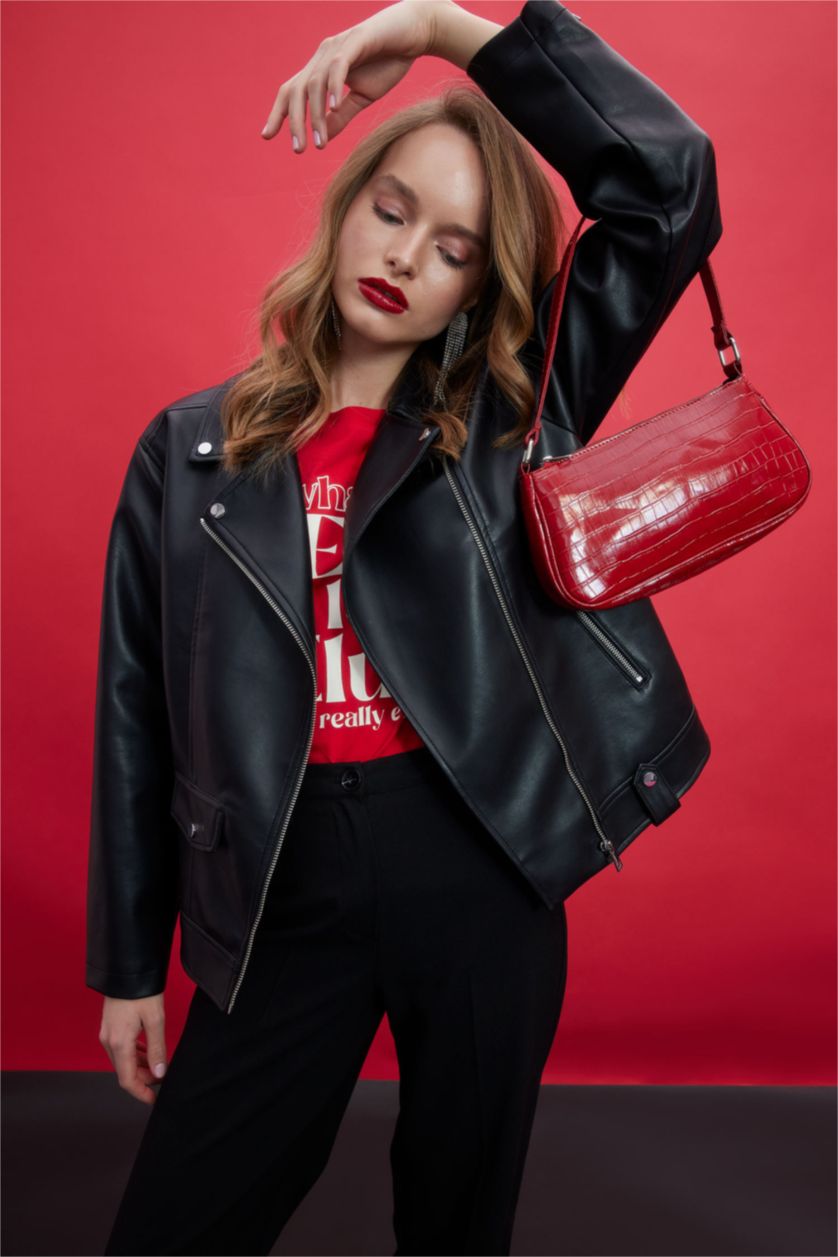 WOMAN Black Water Repellent Oversize Fit Faux Leather Biker Jacket