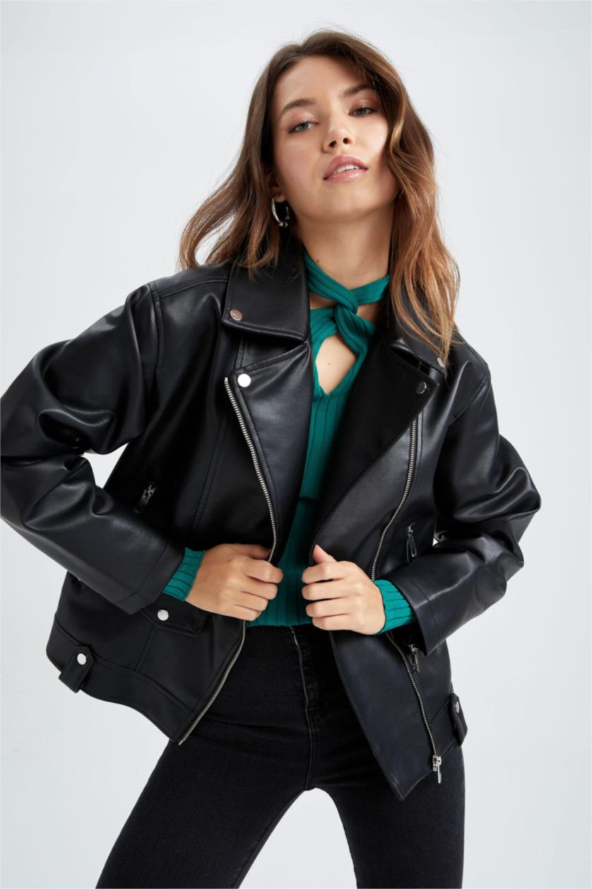 WOMAN Black Water Repellent Oversize Fit Faux Leather Biker Jacket