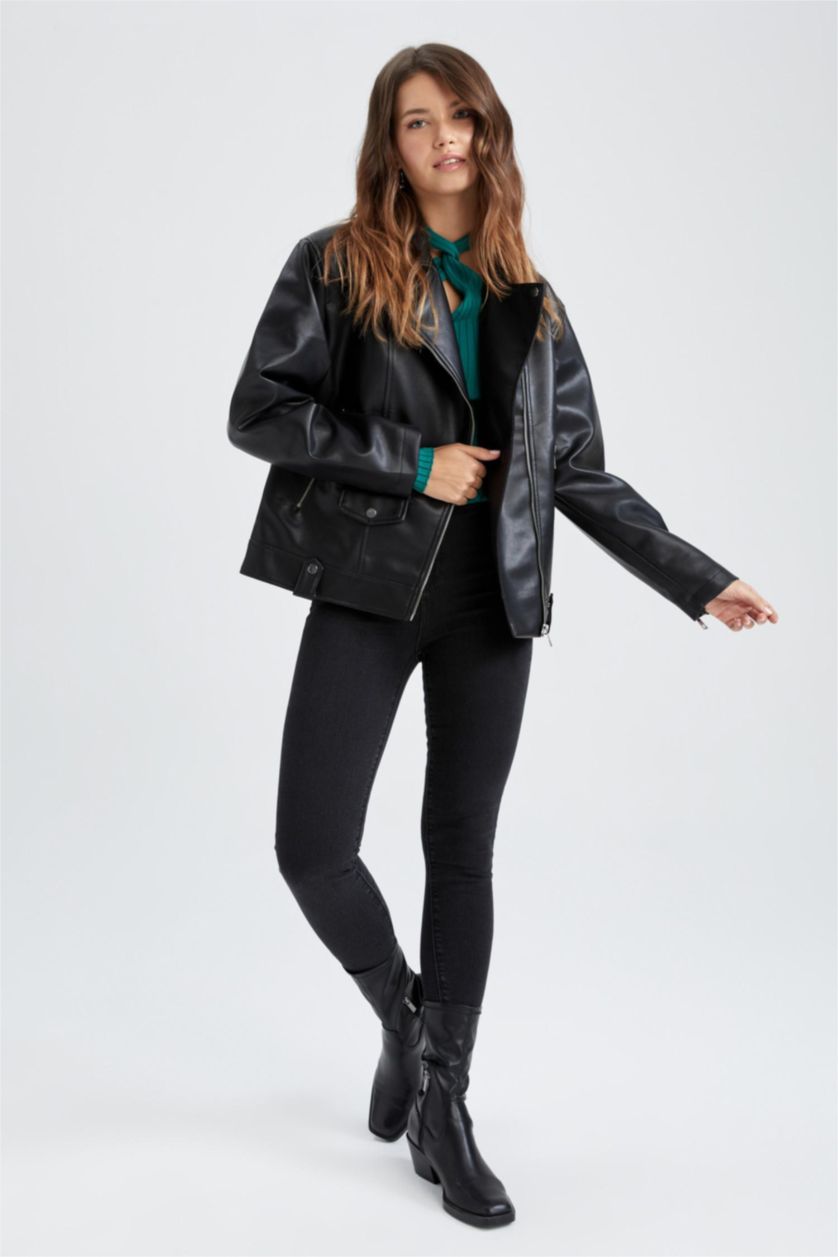 WOMAN Black Water Repellent Oversize Fit Faux Leather Biker Jacket