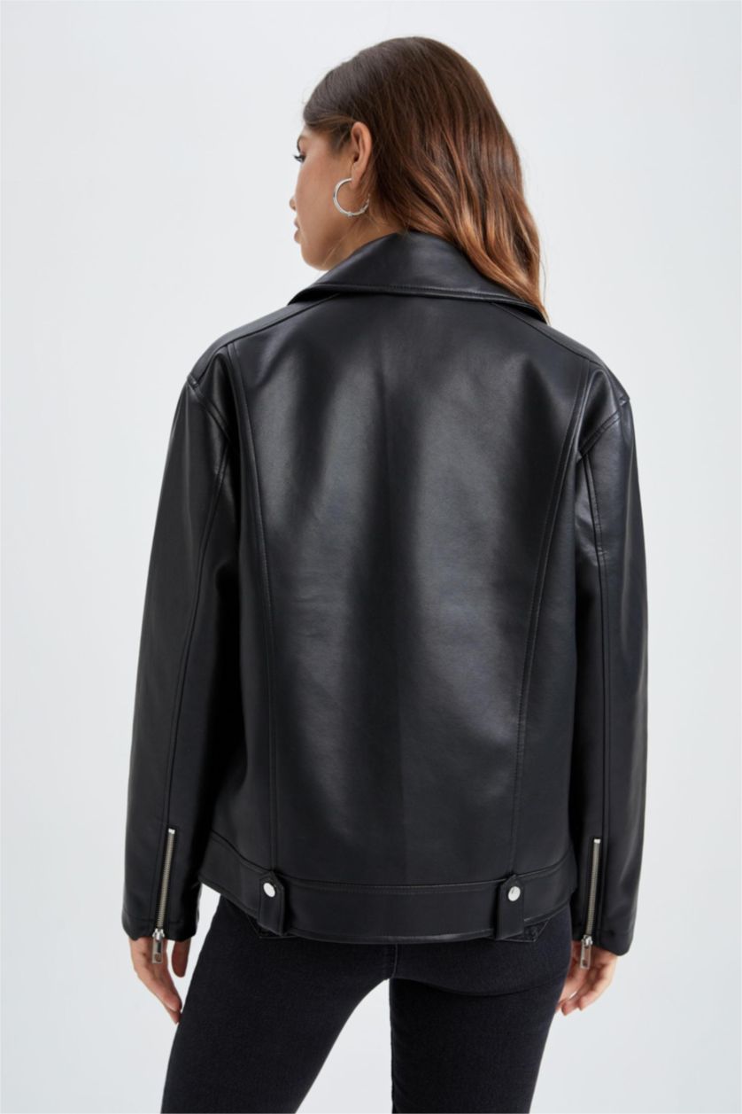 WOMAN Black Water Repellent Oversize Fit Faux Leather Biker Jacket