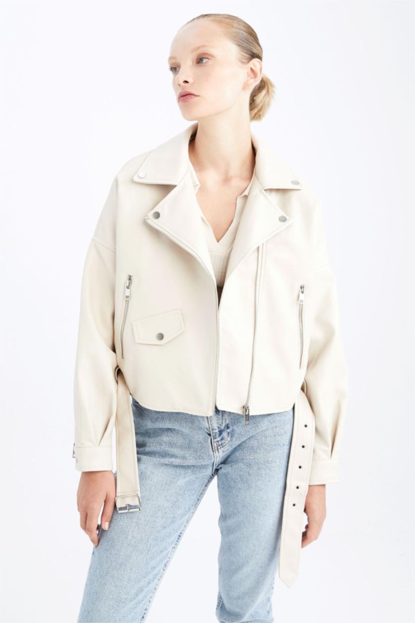 نساء بيج فاتح Faux Leather Jacket