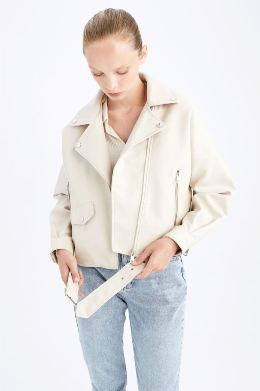 نساء بيج فاتح Faux Leather Jacket