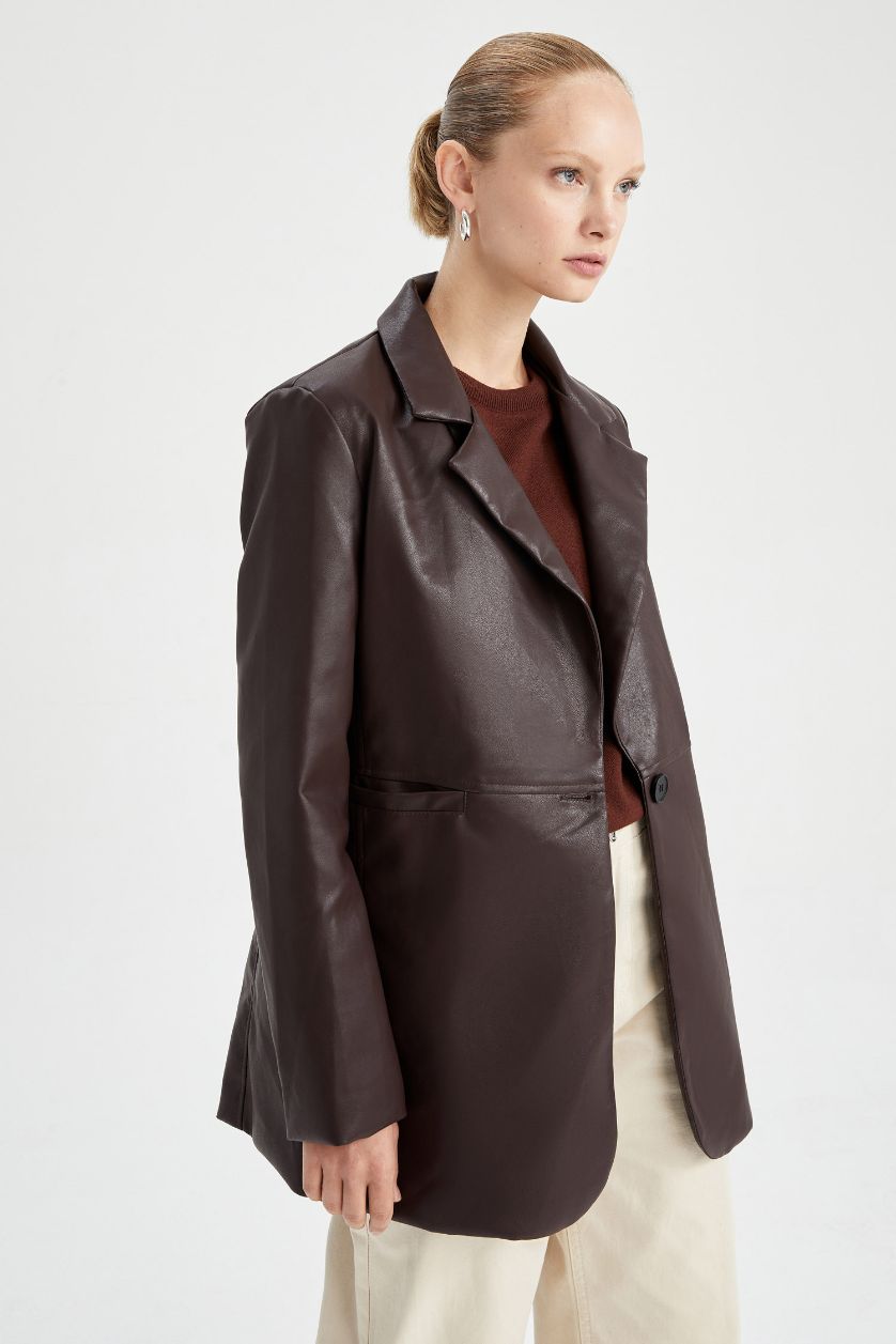 FEMME Marron Clair Veste coupe classique Manteau en similicuir