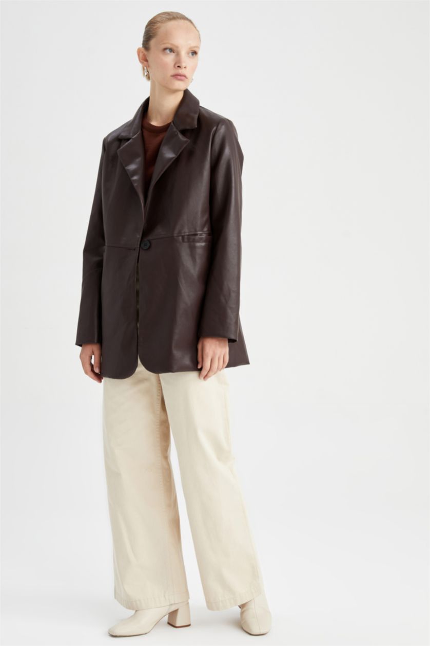 FEMME Marron Clair Veste coupe classique Manteau en similicuir