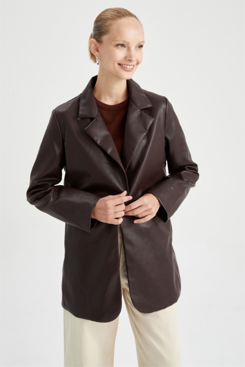 FEMME Marron Clair Veste coupe classique Manteau en similicuir