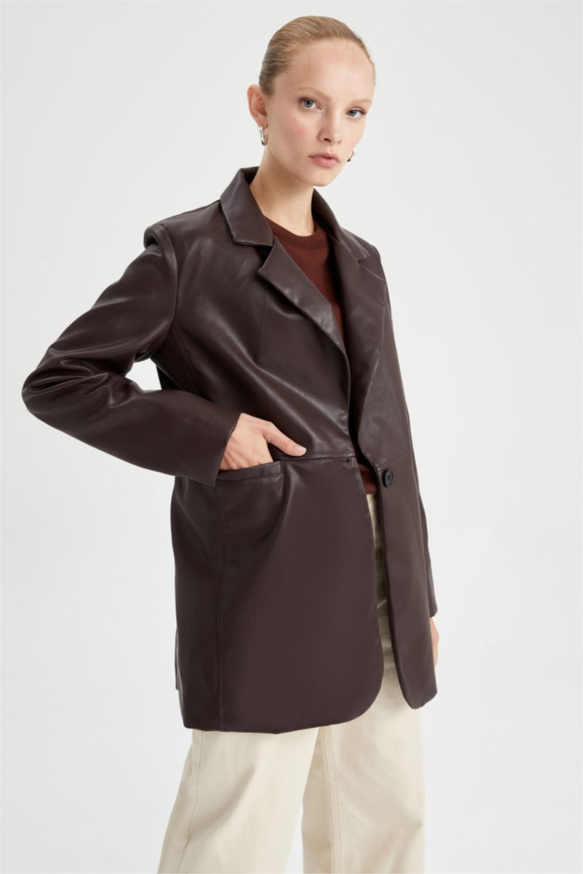 FEMME Marron Clair Veste coupe classique Manteau en similicuir