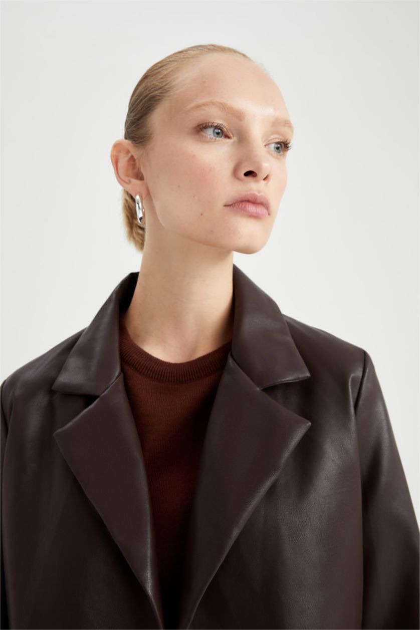 FEMME Marron Clair Veste coupe classique Manteau en similicuir