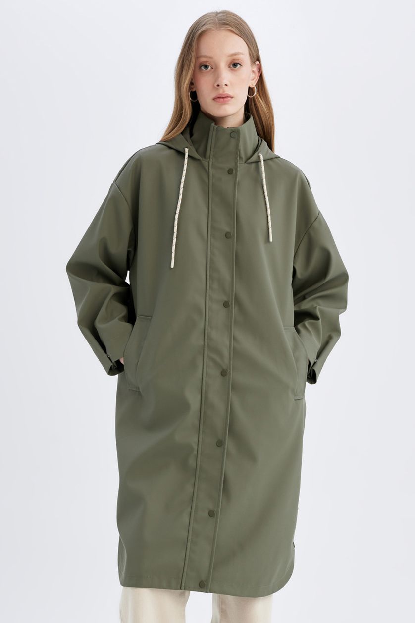 نساء كاكي فاتح معطف مطر قصة مريحة بغطاء للرأس مقاوم للماء