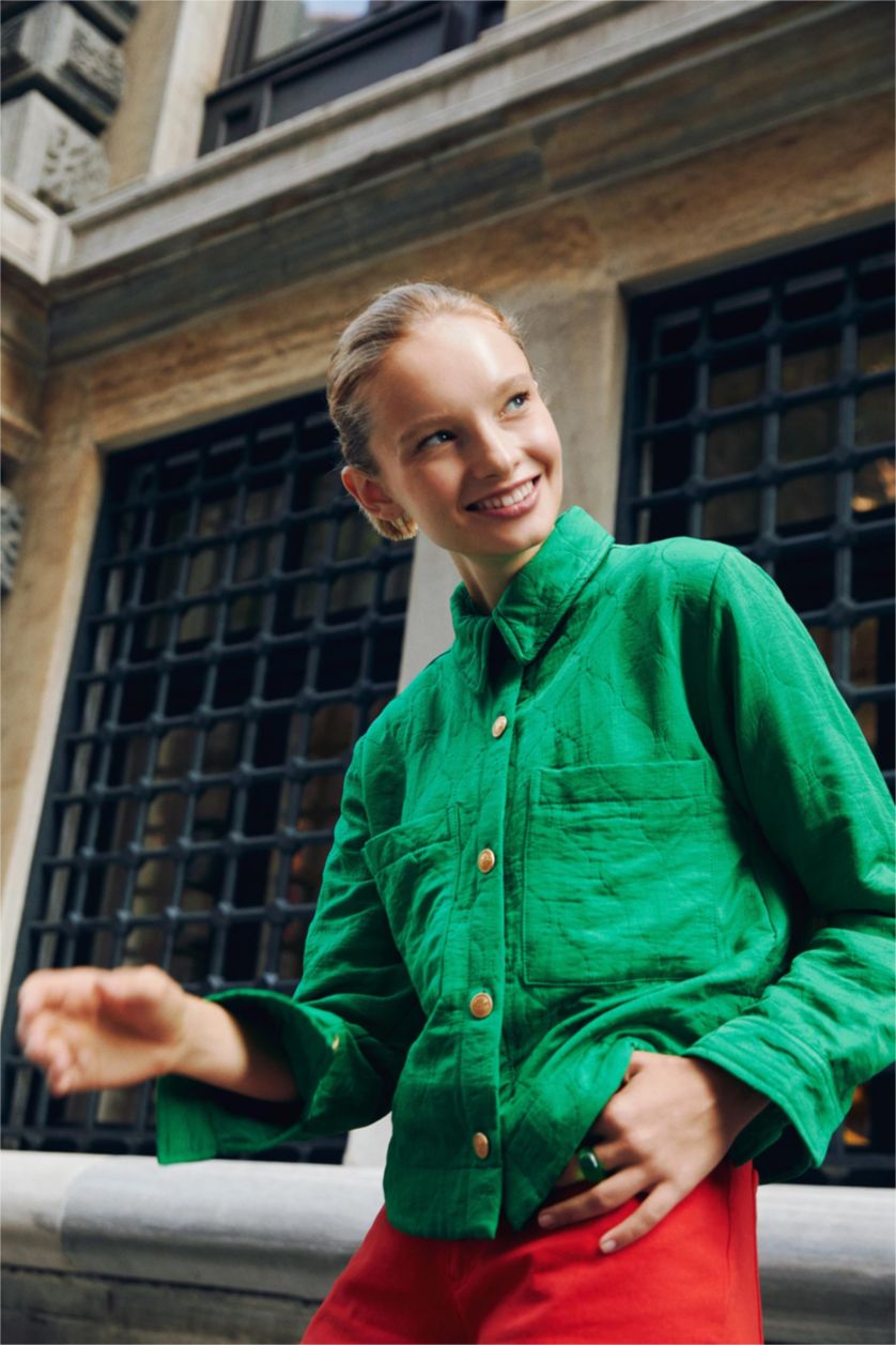 Kadın Yeşil Cropped Fıt Gömlek Yaka Dokulu Uzun Kollu Gömlek