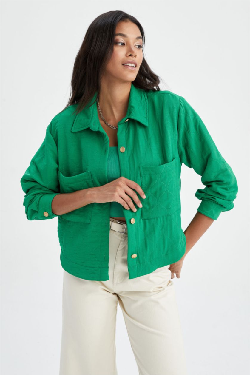 Kadın Yeşil Cropped Fıt Gömlek Yaka Dokulu Uzun Kollu Gömlek