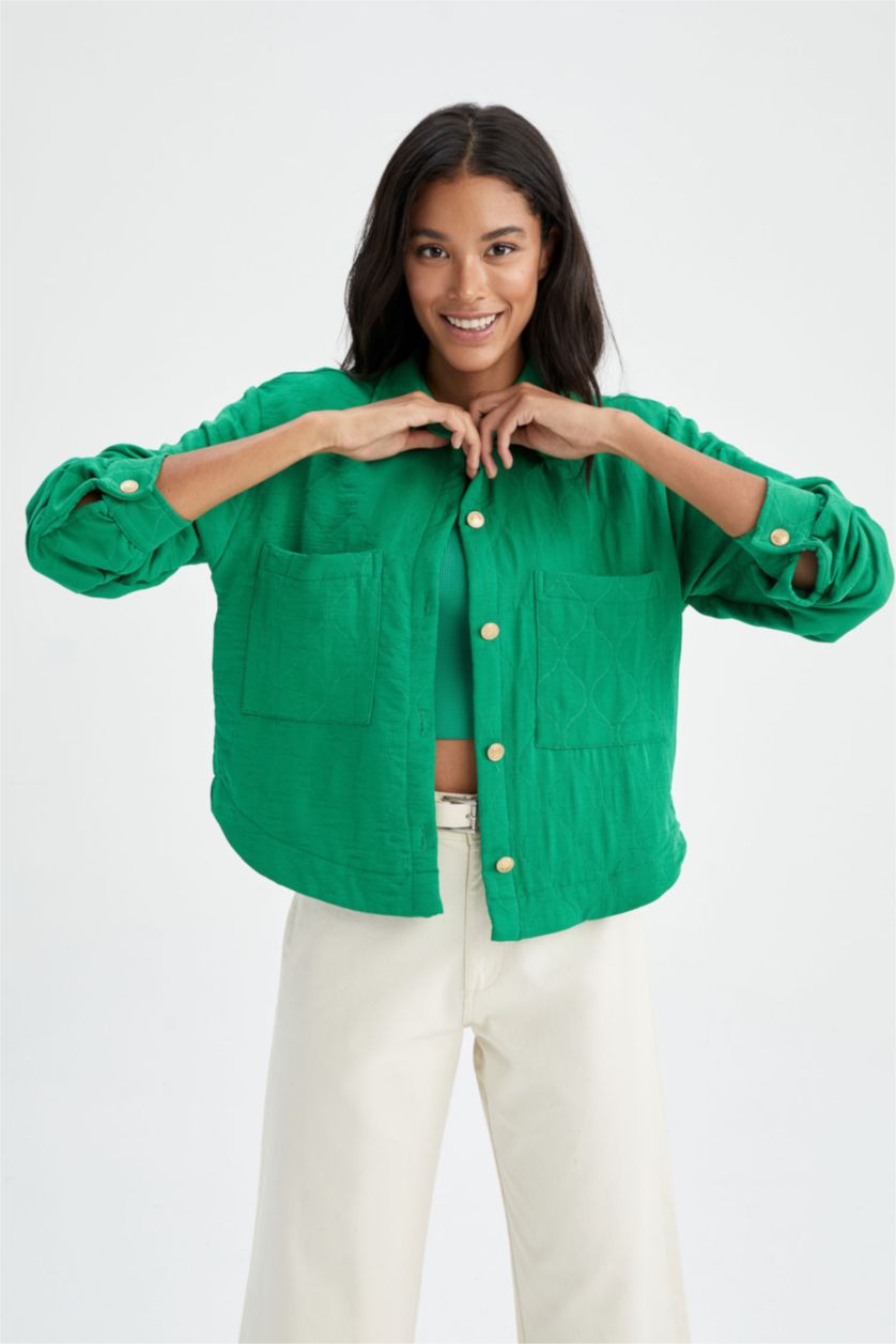 Kadın Yeşil Cropped Fıt Gömlek Yaka Dokulu Uzun Kollu Gömlek