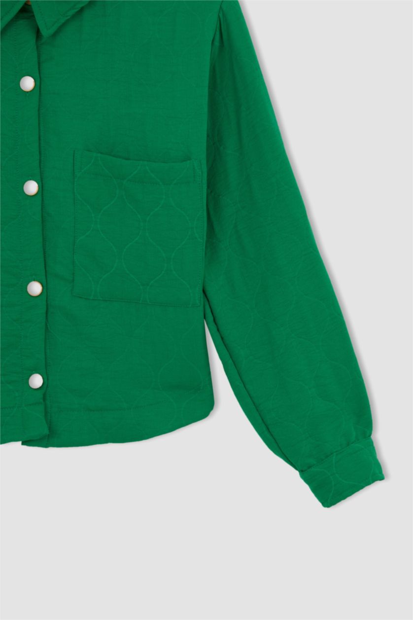 Kadın Yeşil Cropped Fıt Gömlek Yaka Dokulu Uzun Kollu Gömlek