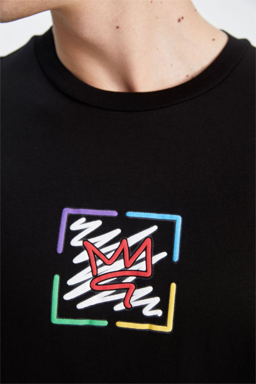 Мужчины Черный Футболка кроп с круглым вырезом с принтом