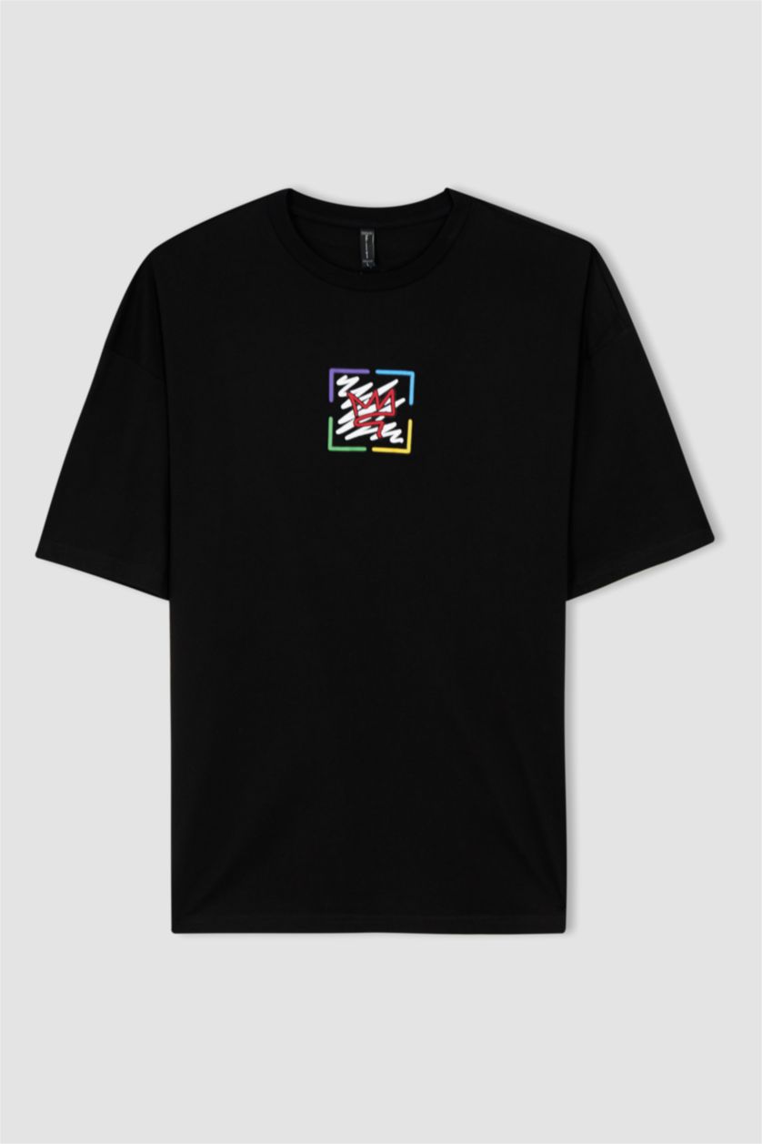 Мужчины Черный Футболка кроп с круглым вырезом с принтом