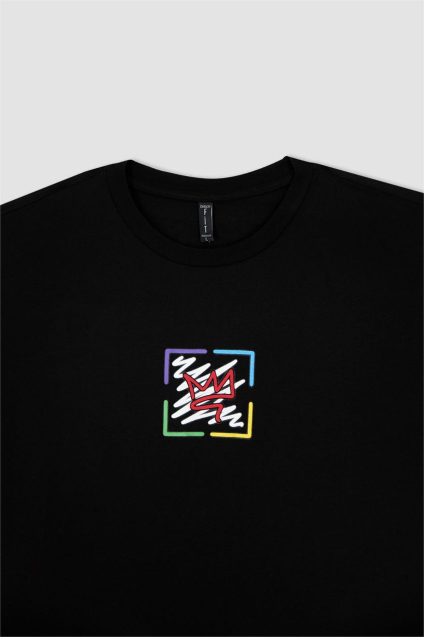 Мужчины Черный Футболка кроп с круглым вырезом с принтом