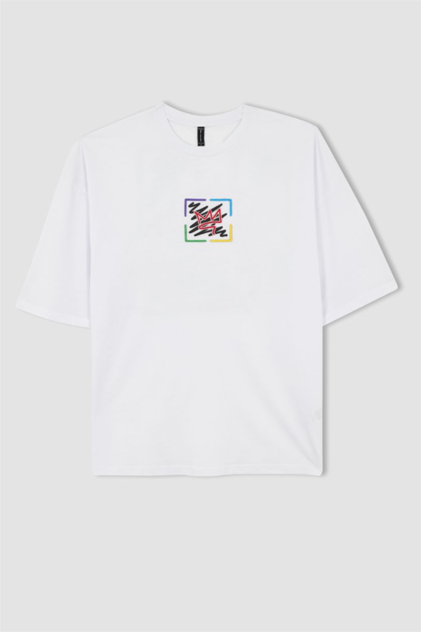 Erkek Beyaz Oversize Fit Bisiklet Yaka Sırt Baskılı Tişört
