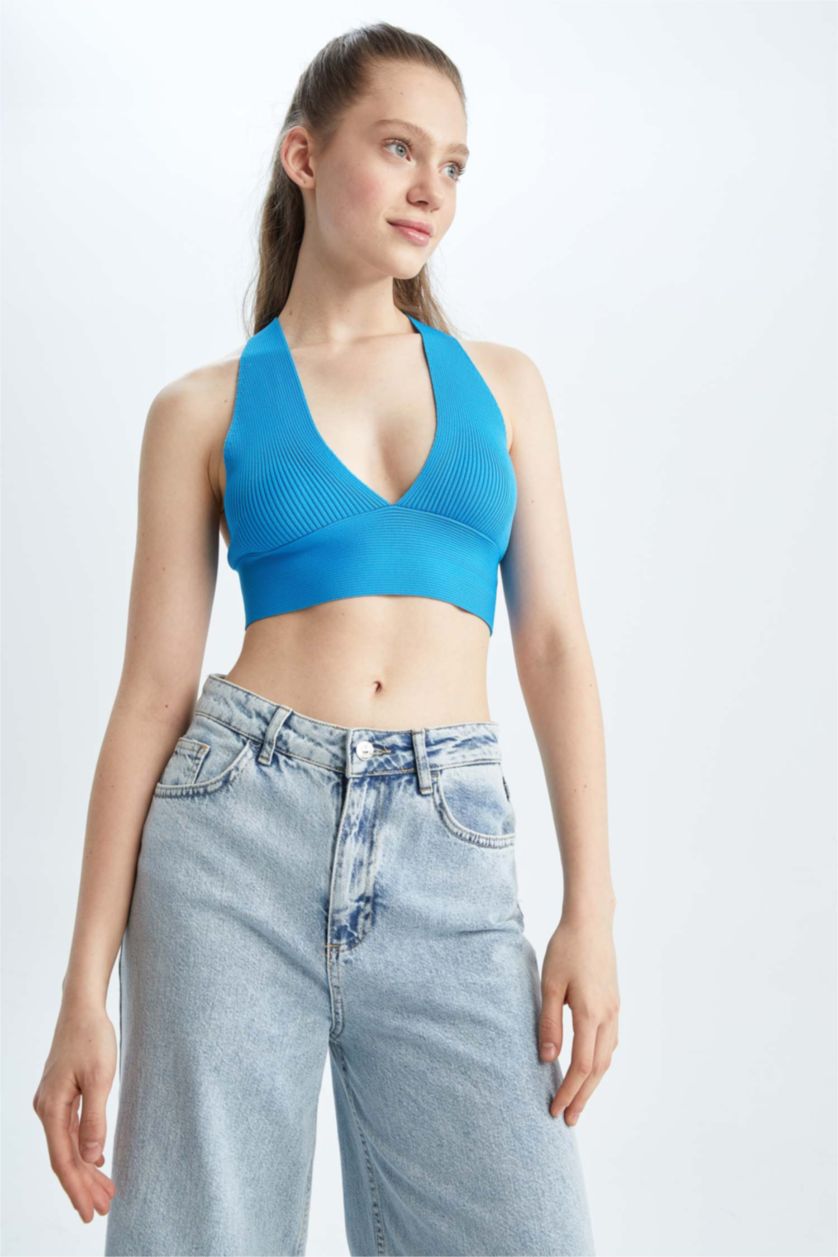 FEMME Bleu Débardeur Tricot Coupe slim raccourcie Col En V Coool