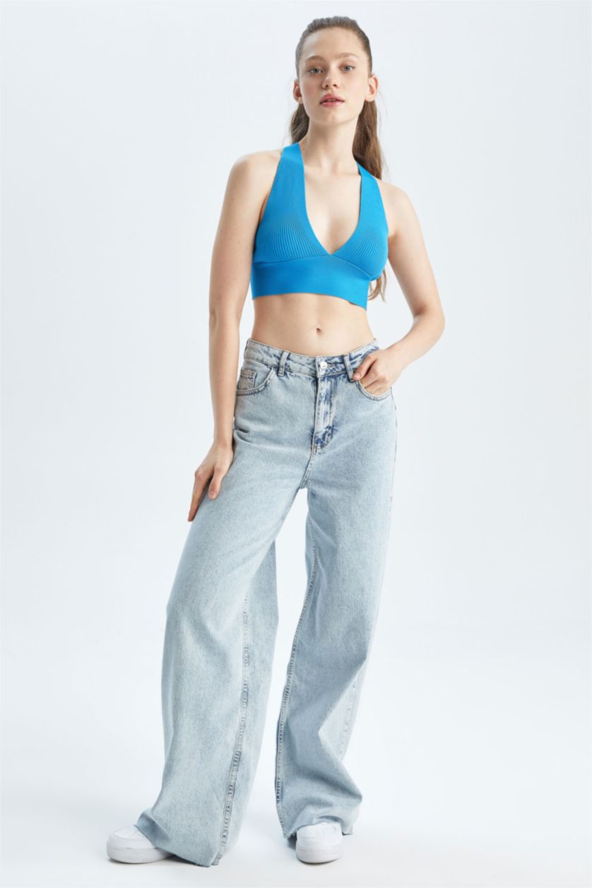 FEMME Bleu Débardeur Tricot Coupe slim raccourcie Col En V Coool