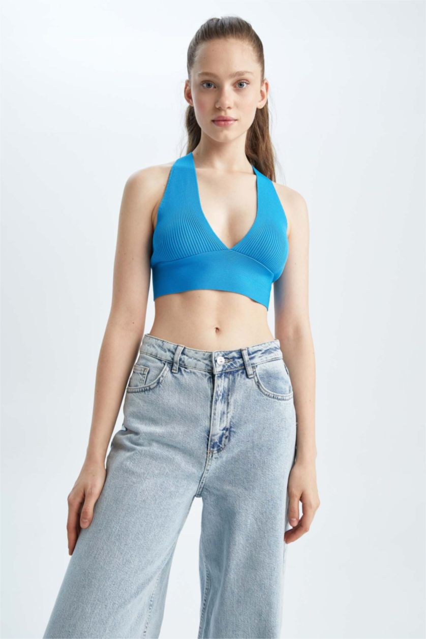 FEMME Bleu Débardeur Tricot Coupe slim raccourcie Col En V Coool