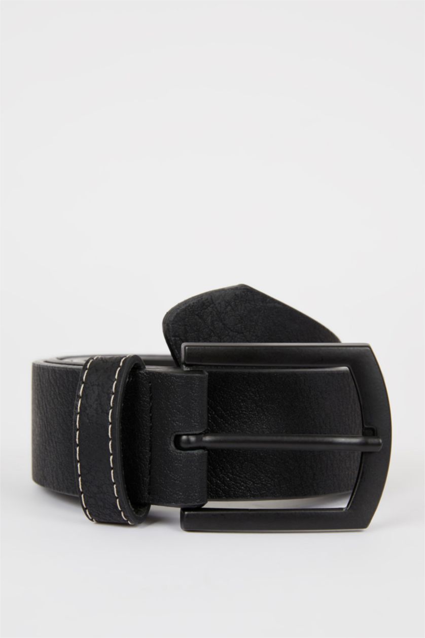MAN Black Men's Rectangle Buckle Faux Leather Jean Belt