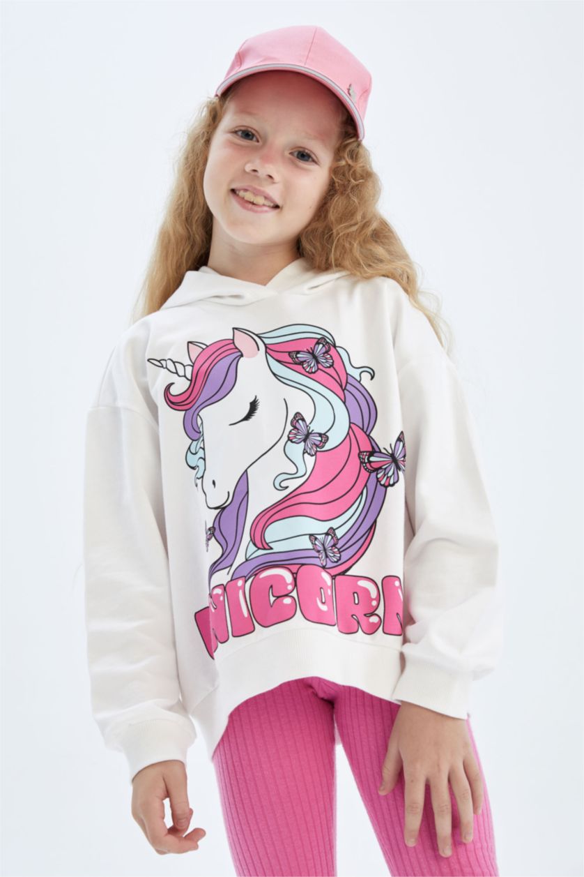 بناتي أبيض سويت شيرت بناتي بقصة عادية بغطاء للرأس