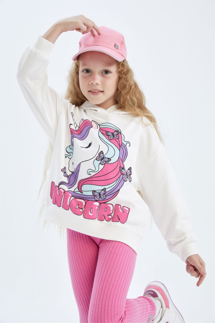 بناتي أبيض سويت شيرت بناتي بقصة عادية بغطاء للرأس