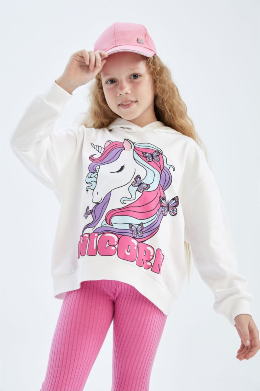 بناتي أبيض سويت شيرت بناتي بقصة عادية بغطاء للرأس