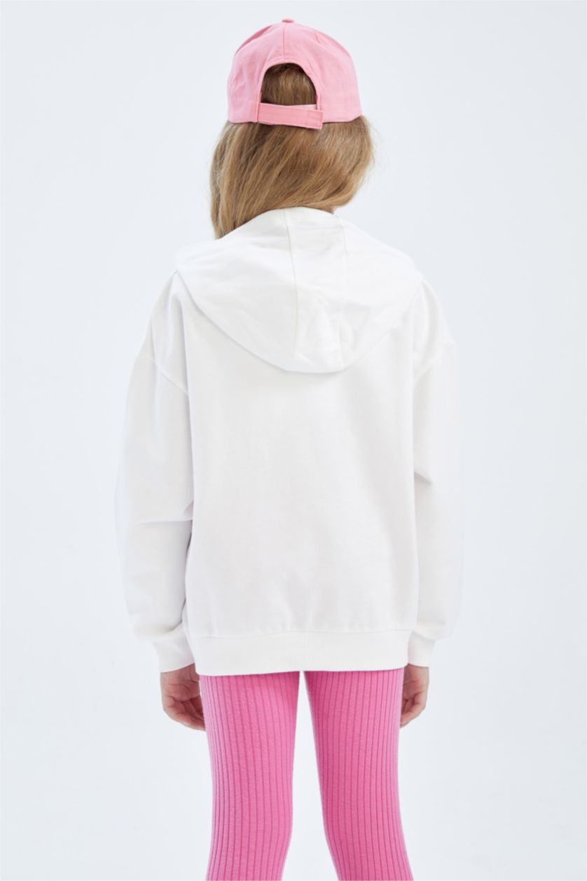 بناتي أبيض سويت شيرت بناتي بقصة عادية بغطاء للرأس