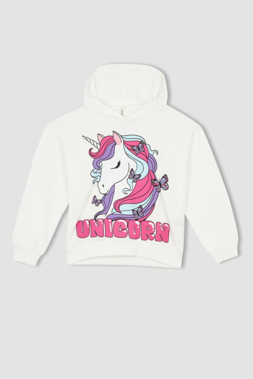 بناتي أبيض سويت شيرت بناتي بقصة عادية بغطاء للرأس