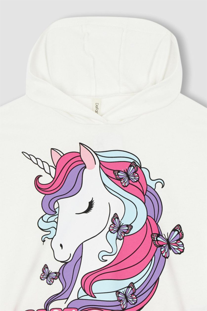 بناتي أبيض سويت شيرت بناتي بقصة عادية بغطاء للرأس