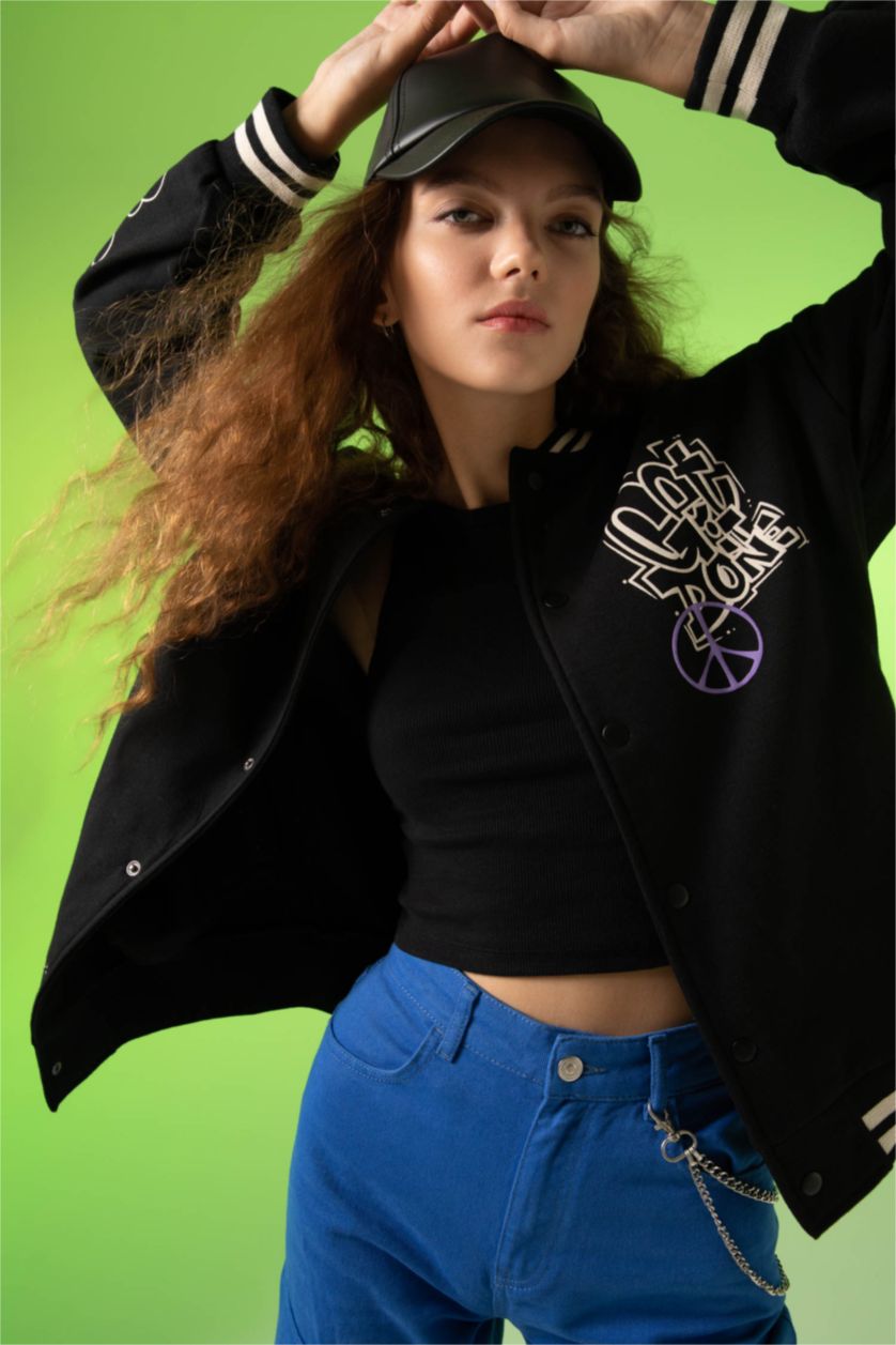 WOMAN Black Coool Regular Fit Thick Sweatshirt Fabric Bomber Jacket