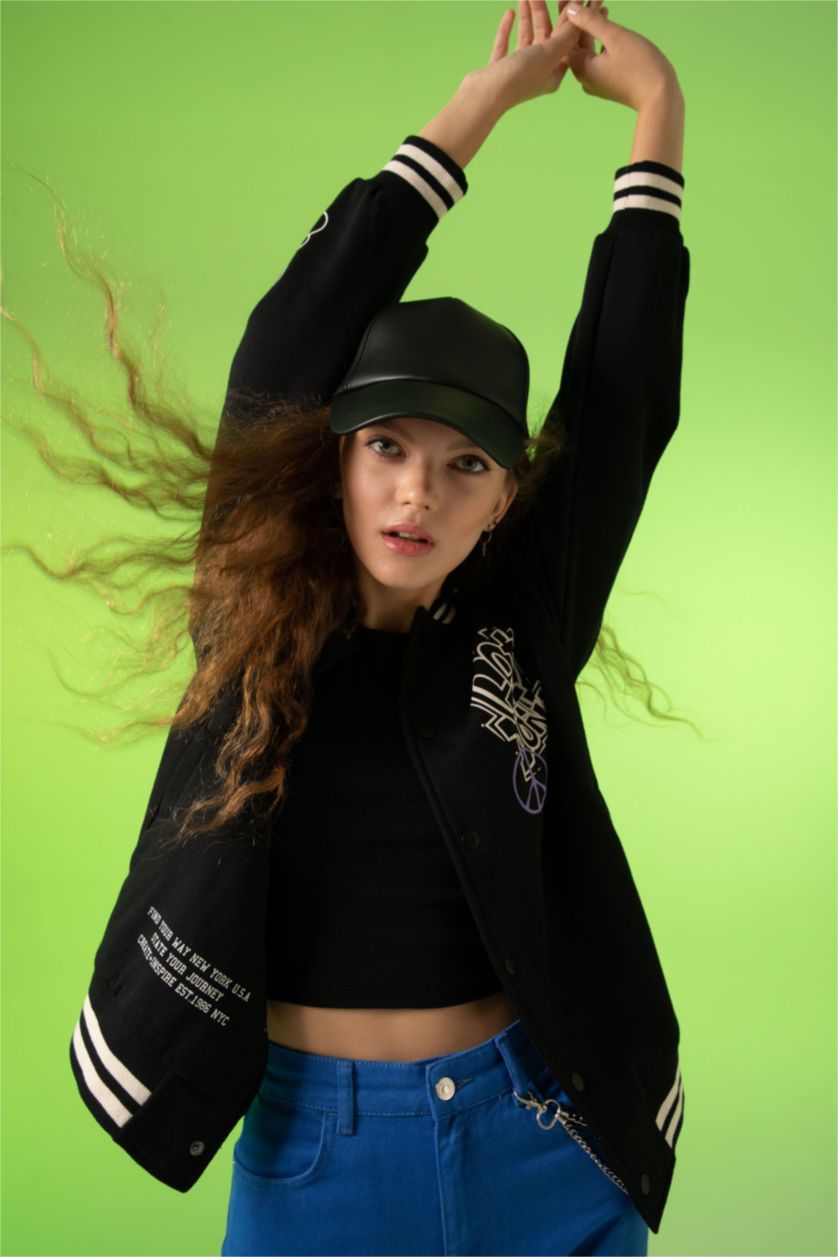 WOMAN Black Coool Regular Fit Thick Sweatshirt Fabric Bomber Jacket