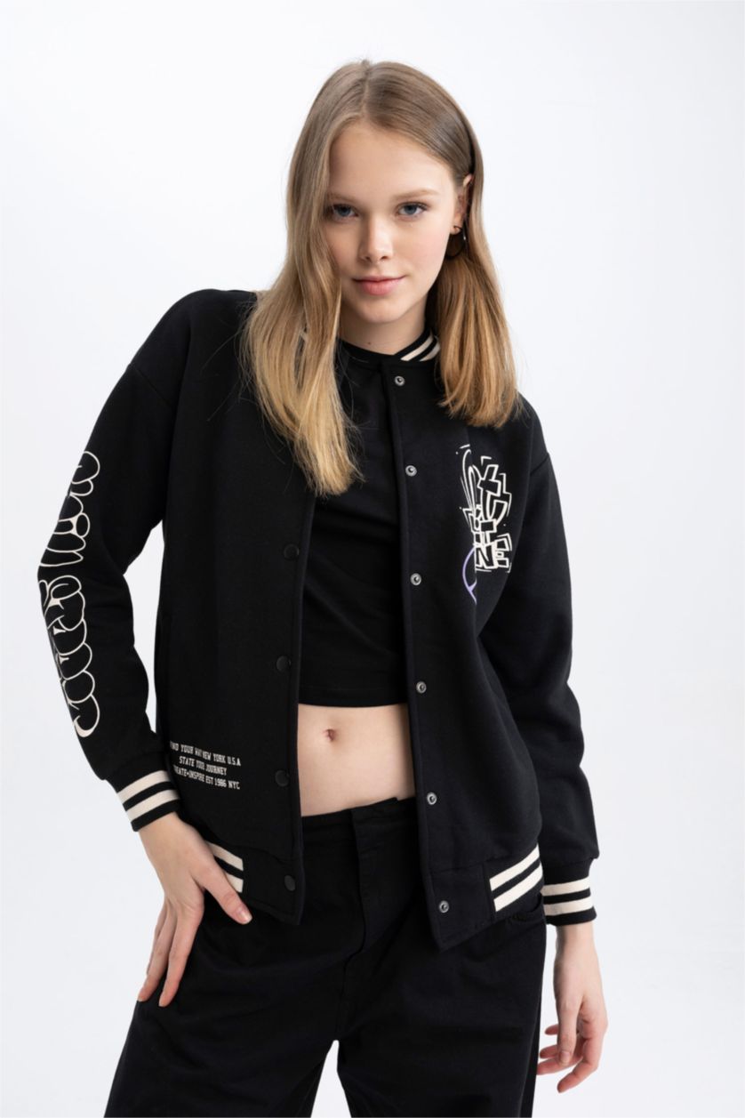 WOMAN Black Coool Regular Fit Thick Sweatshirt Fabric Bomber Jacket