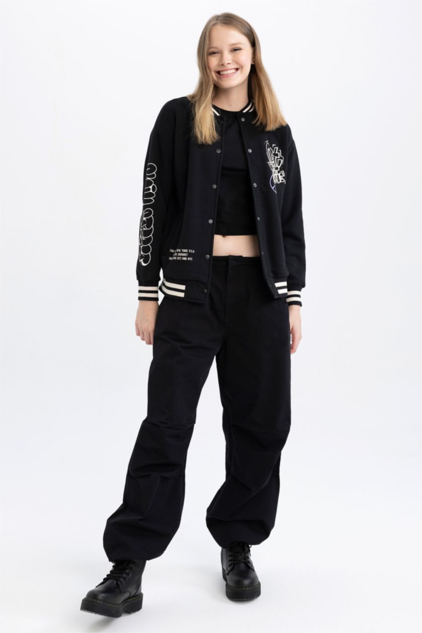 WOMAN Black Coool Regular Fit Thick Sweatshirt Fabric Bomber Jacket