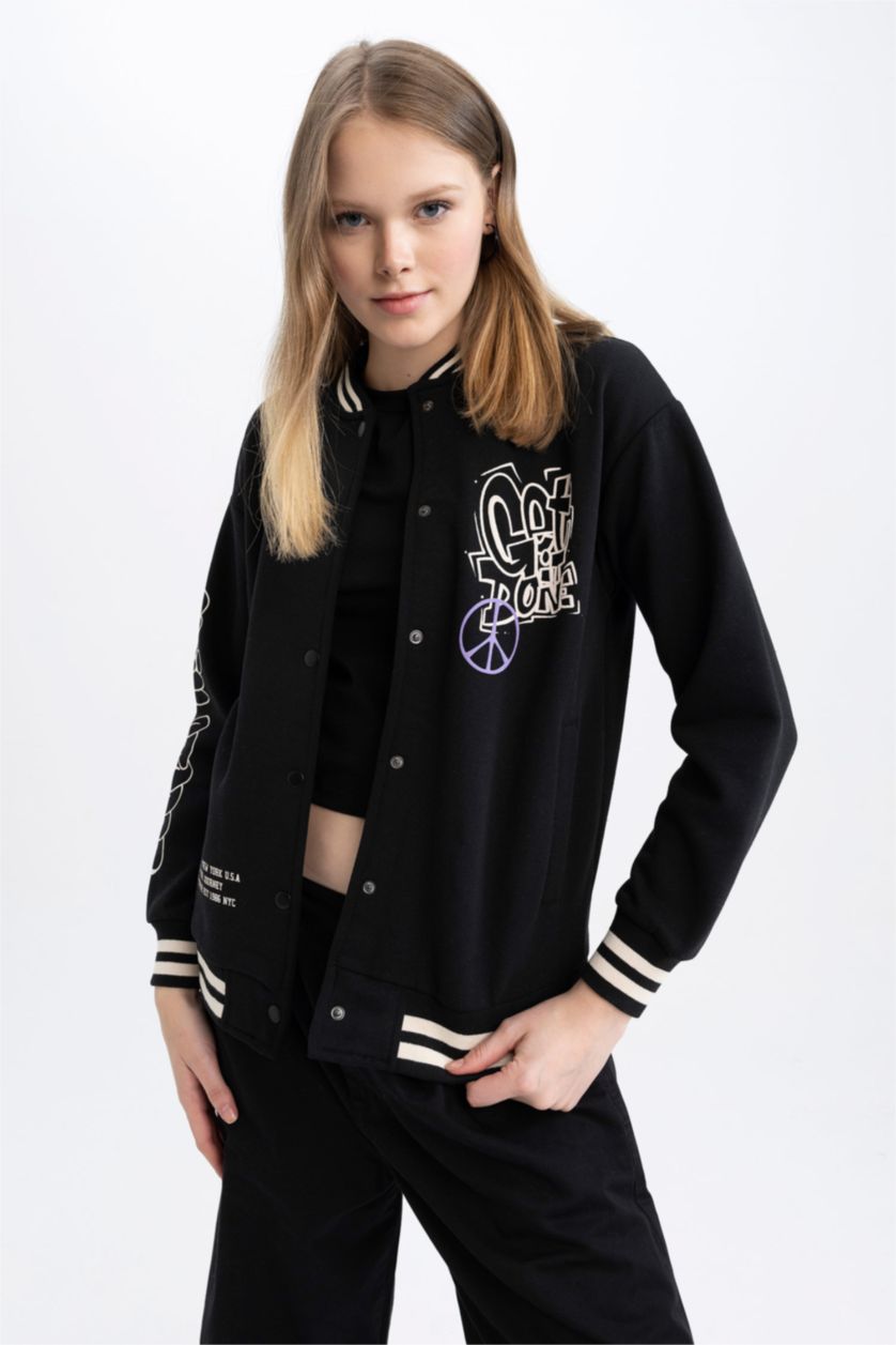 WOMAN Black Coool Regular Fit Thick Sweatshirt Fabric Bomber Jacket