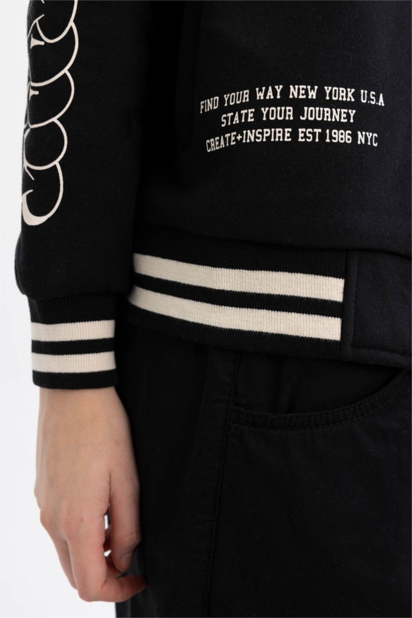 WOMAN Black Coool Regular Fit Thick Sweatshirt Fabric Bomber Jacket