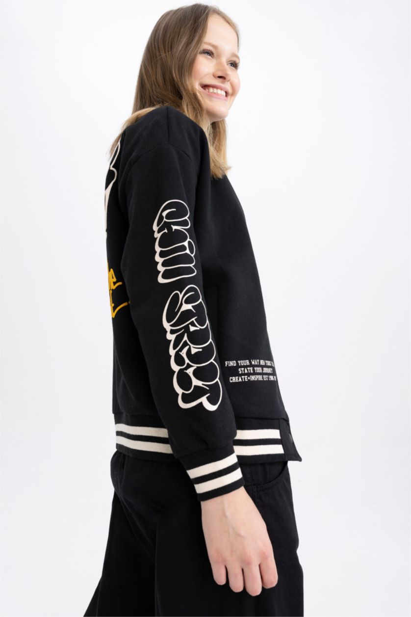 WOMAN Black Coool Regular Fit Thick Sweatshirt Fabric Bomber Jacket