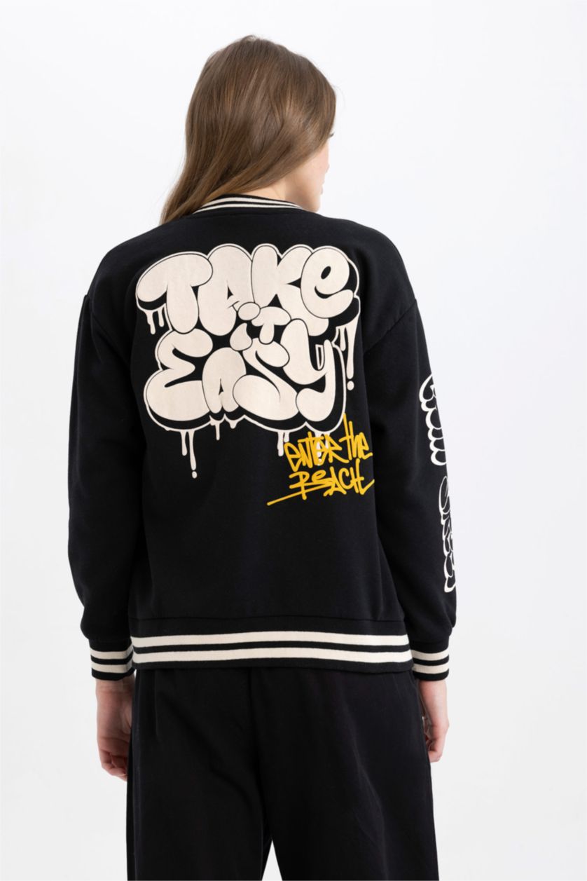 WOMAN Black Coool Regular Fit Thick Sweatshirt Fabric Bomber Jacket