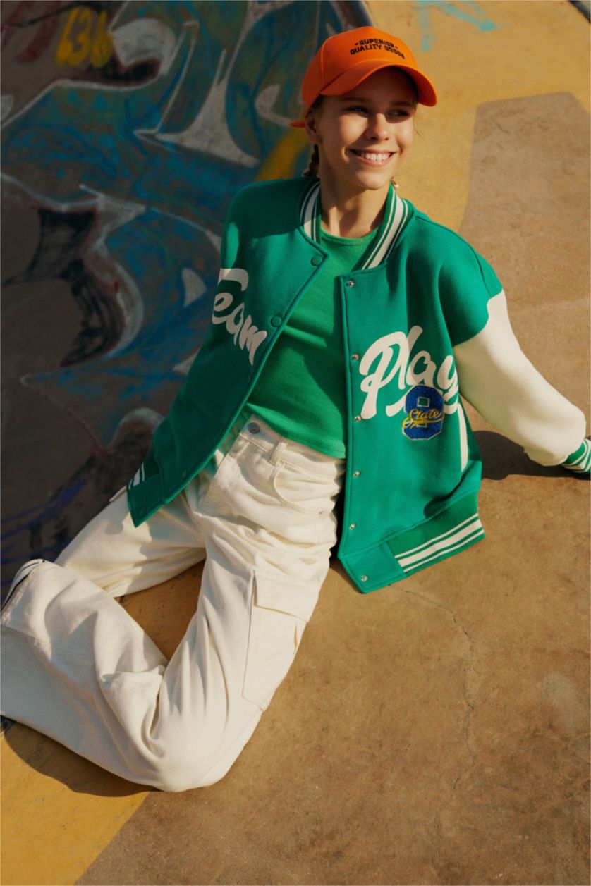 WOMAN Green Cool Printed Regular Fit Crew Neck Thick Fabric Bomber Jacket