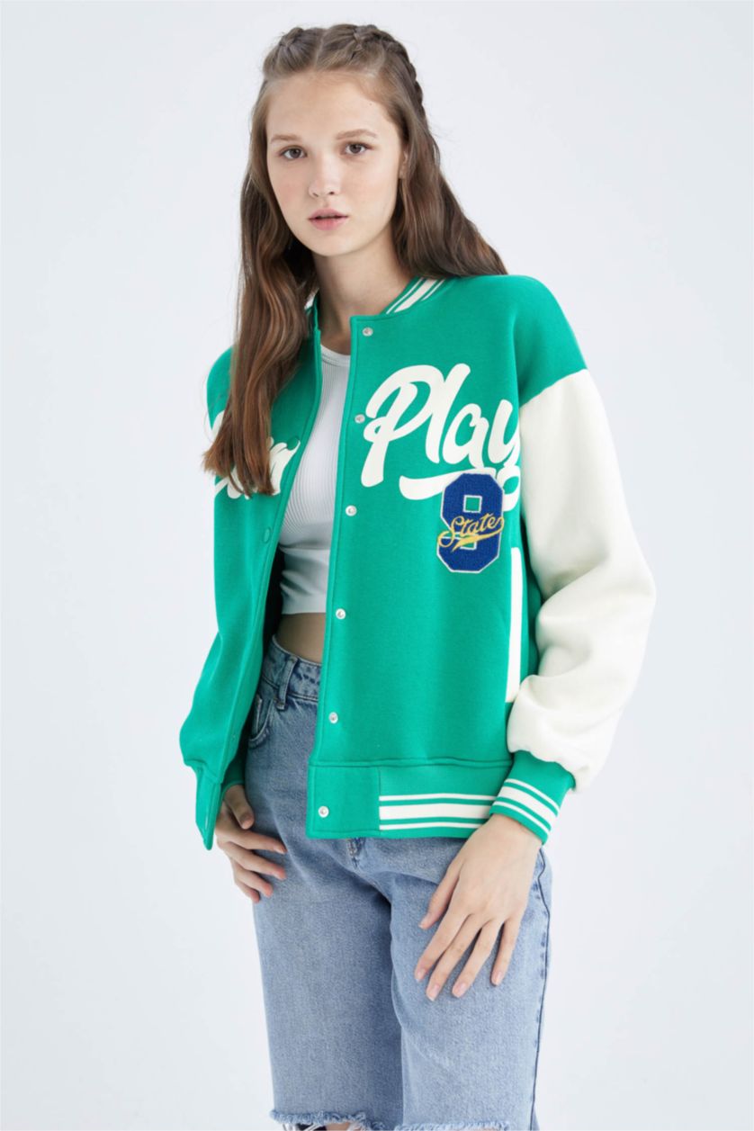 WOMAN Green Cool Printed Regular Fit Crew Neck Thick Fabric Bomber Jacket