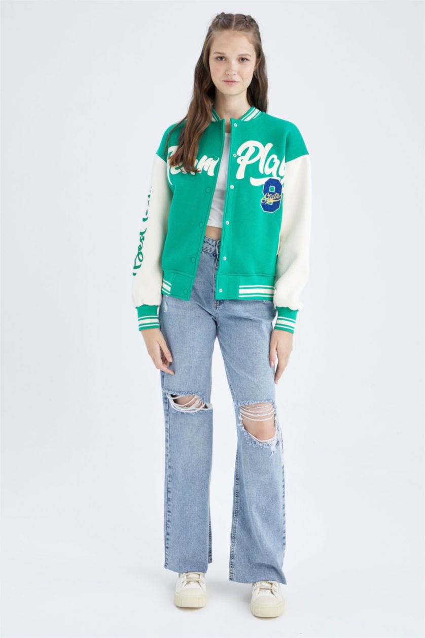 WOMAN Green Cool Printed Regular Fit Crew Neck Thick Fabric Bomber Jacket