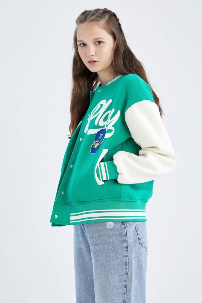 WOMAN Green Cool Printed Regular Fit Crew Neck Thick Fabric Bomber Jacket